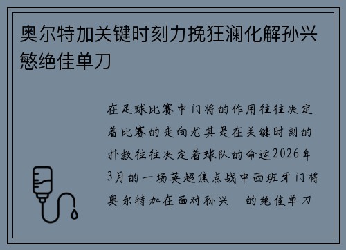 奥尔特加关键时刻力挽狂澜化解孙兴慜绝佳单刀